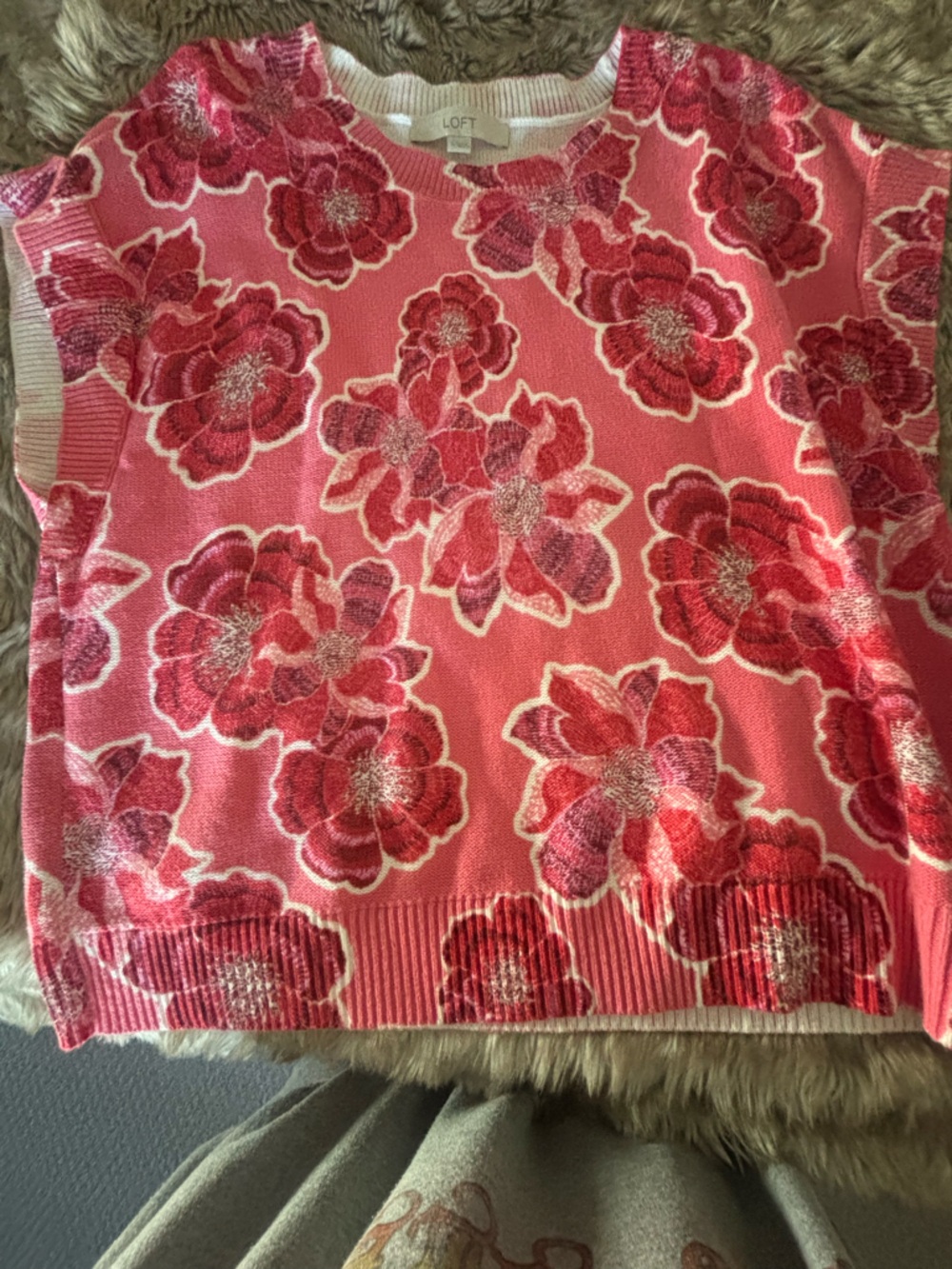 LOFT Pink and Red Floral Knit Top